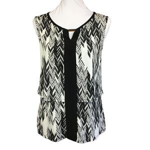 New Directions Layered Tank Style Blouse Sleeveless White Black Print Small